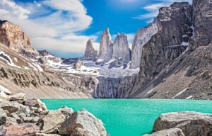 Luxury travel experience in Torres del Paine Chile with turquoise glacial lake and dramatic peaks